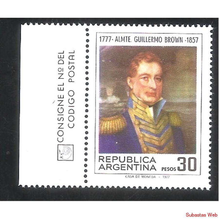 ARGENTINA 1977(1103) ALMIRANTE BROWN CON BORDE DE HOJA