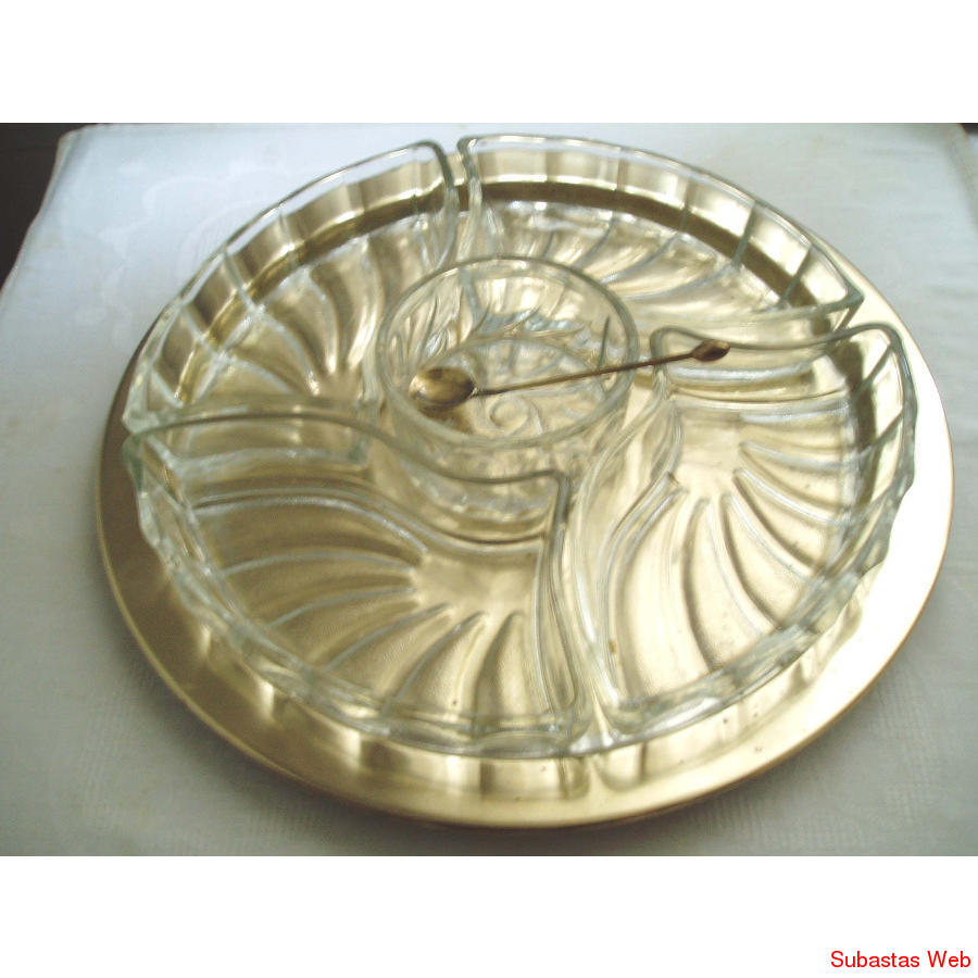 Recipiente de vidrio labrado para picadas con bandeja vintag