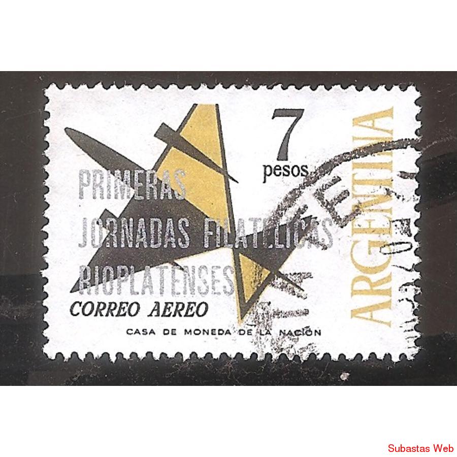 ARGENTINA 1965 (104Aerea) AVIONCITO DE $7 RESELLADO,  USADA
