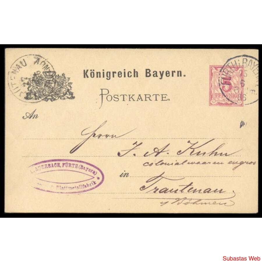 ALEMANIA REICH. Baviera 1886 Postkarte De Fürt A Tratenau