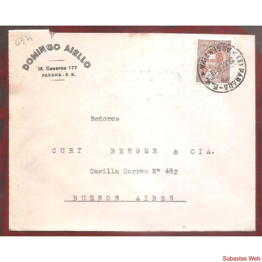 ARGENTINA 1939 SOBRE CIRCULADO NUMERO 63H