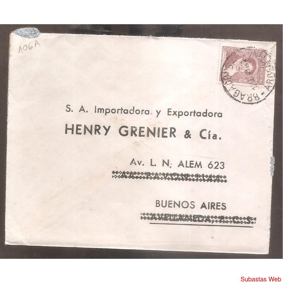 ARGENTINA  1949  SOBRE CIRCULADO  NUMERO 106A