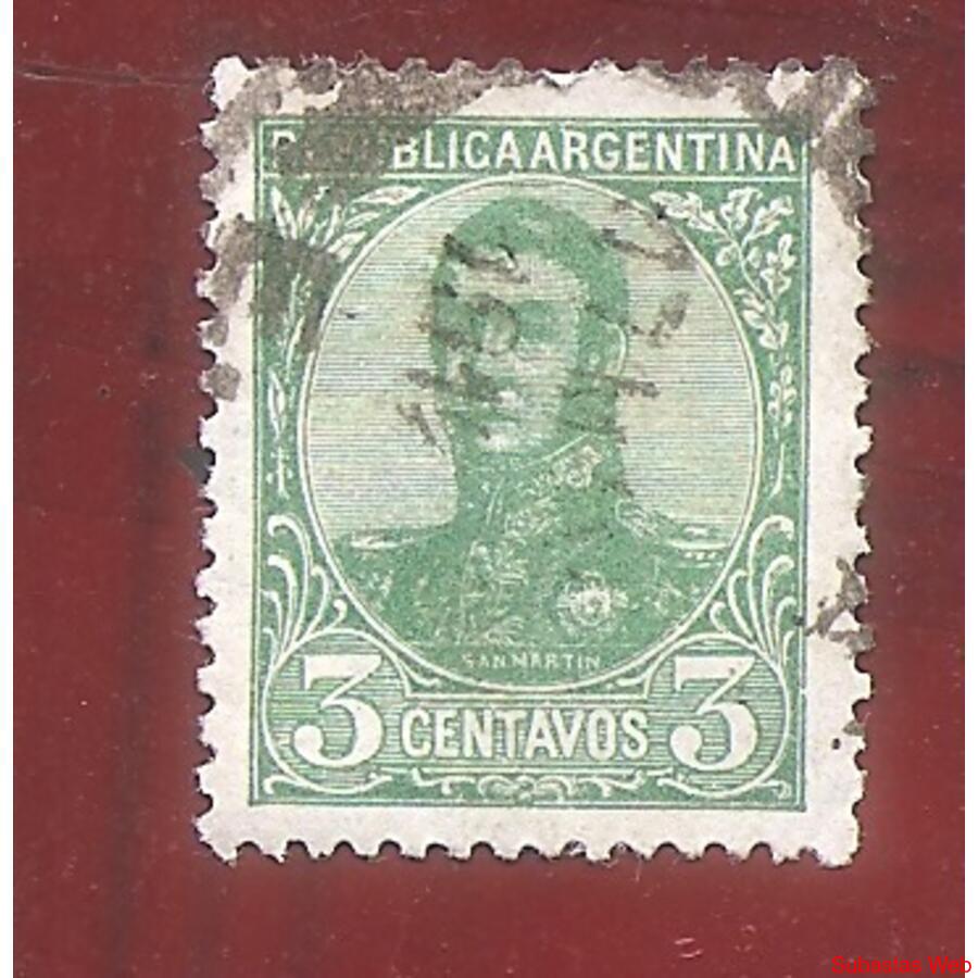 ARGENTINA 1908(135) SAN MARTIN EN OVALO CON FILI 13,5x12,5 U