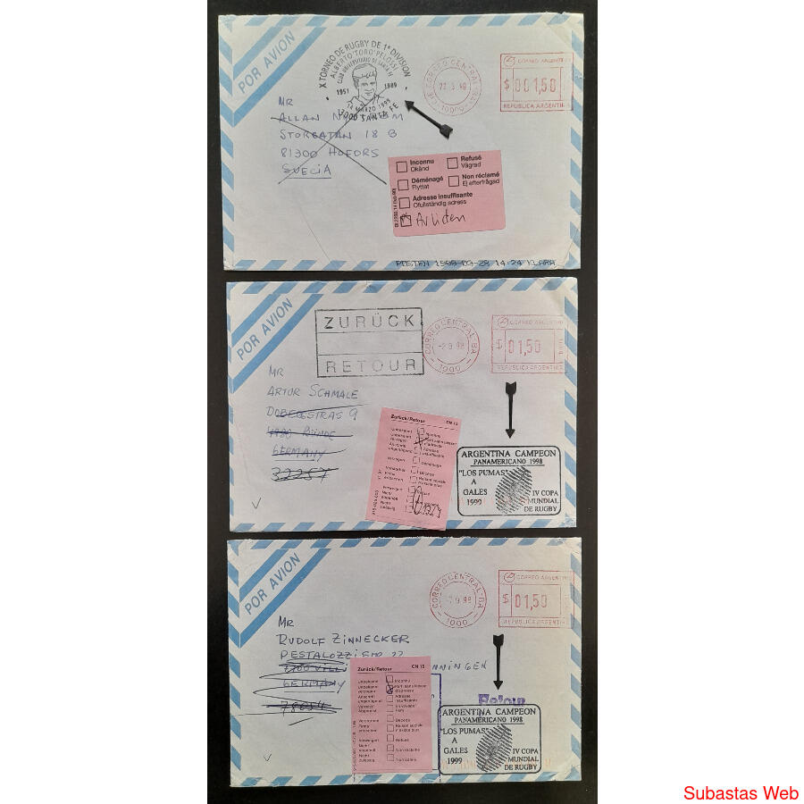 ARGENTINA 1998. 3 RAROS SOBRES A EUROPA GOMIGRAFOS DE RUGBY!