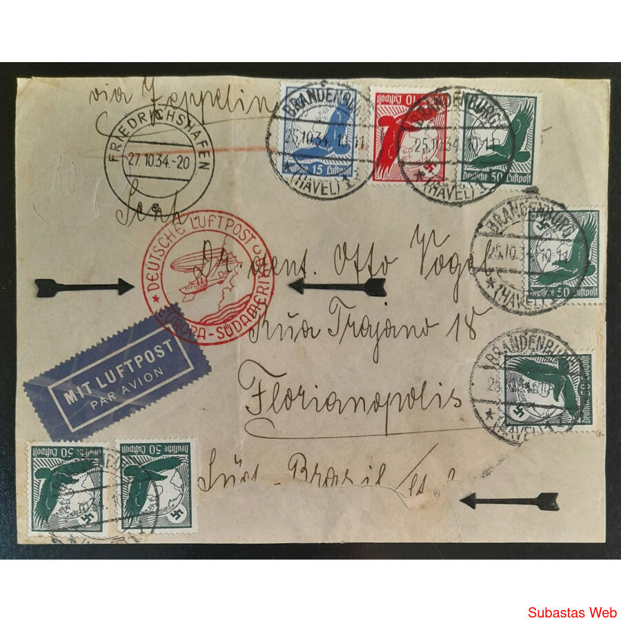 ALEMANIA 1934 ESPLENDIDO SOBRE VOLADO VÍA ZEPPELIN A BRASIL