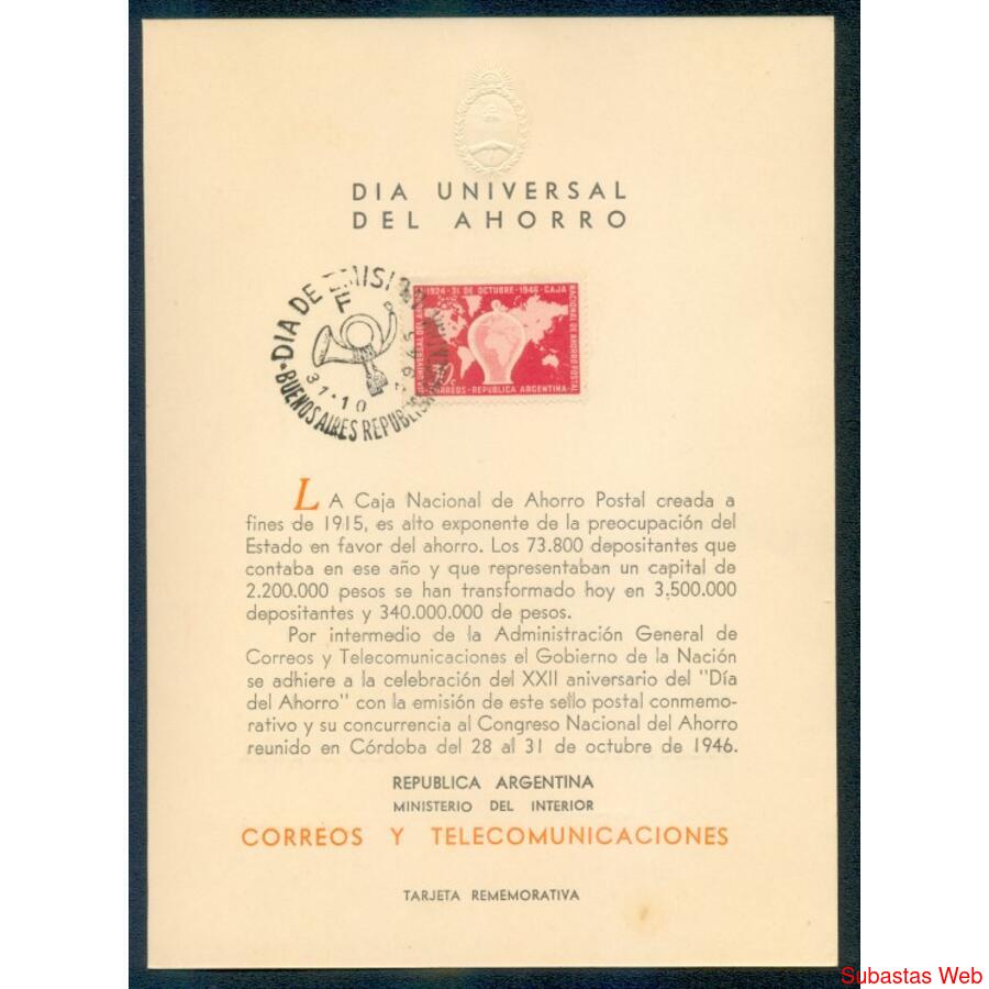 ARGENTINA GJ940 TARJETON REMEMORATIVO DIA DEL AHORRO!!