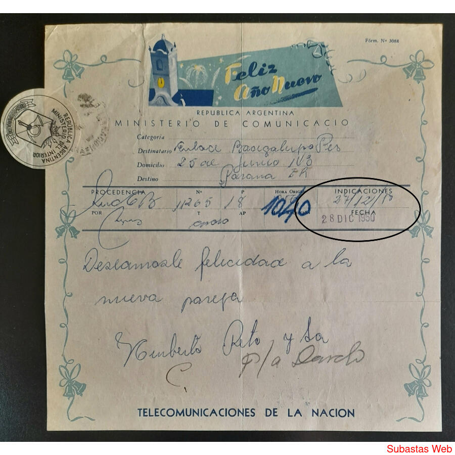 1950 ANTIGUO TELEGRAMA DE LUJO COMPLETO CON POSTILLÓN. VER!!