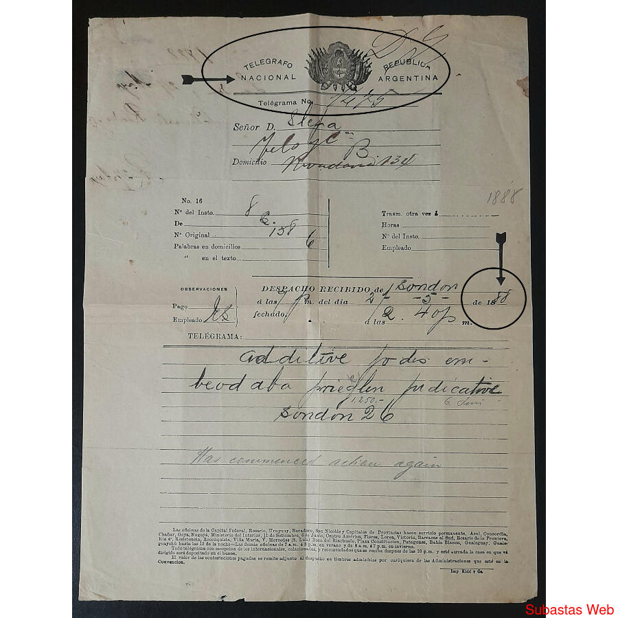 1888 ANTIGUO TELEGRAMA - TELÉGRAFO A LONDRES. RELIQUIA TOTAL