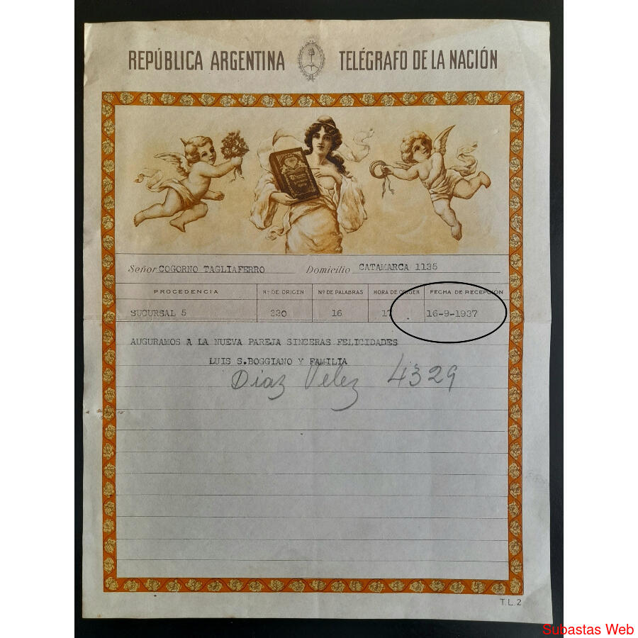 1937 ANTIGUO TELEGRAMA DE LUJO COMPLETO. MUY RARO. RELIQUIA!
