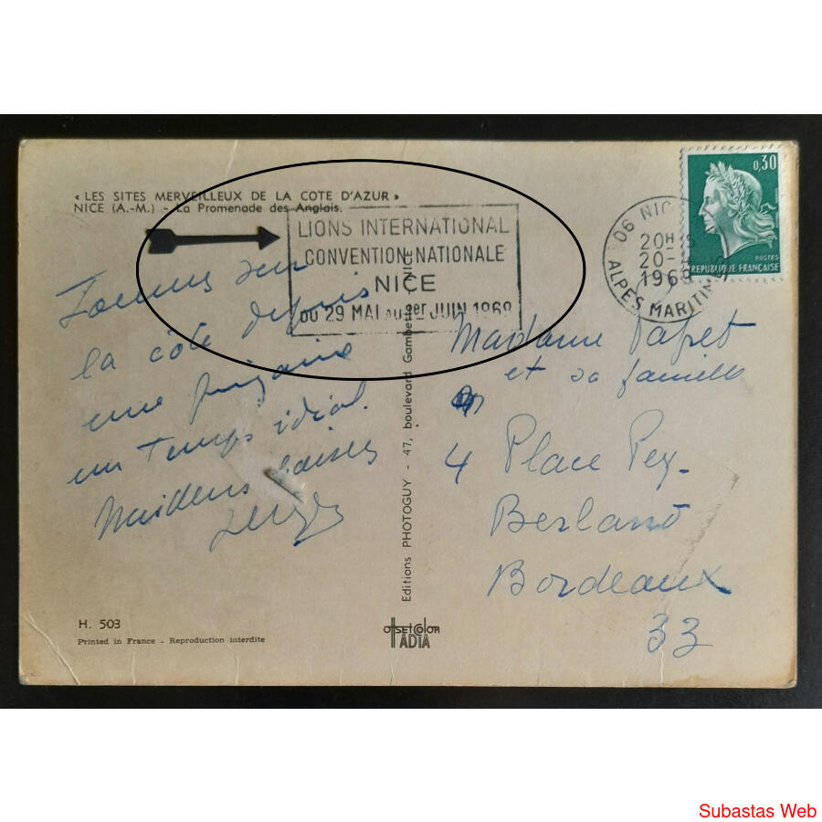 FRANCIA 1969 TARJETA POSTAL CON ESLOGAN DEL *CLUB DE LEONES*