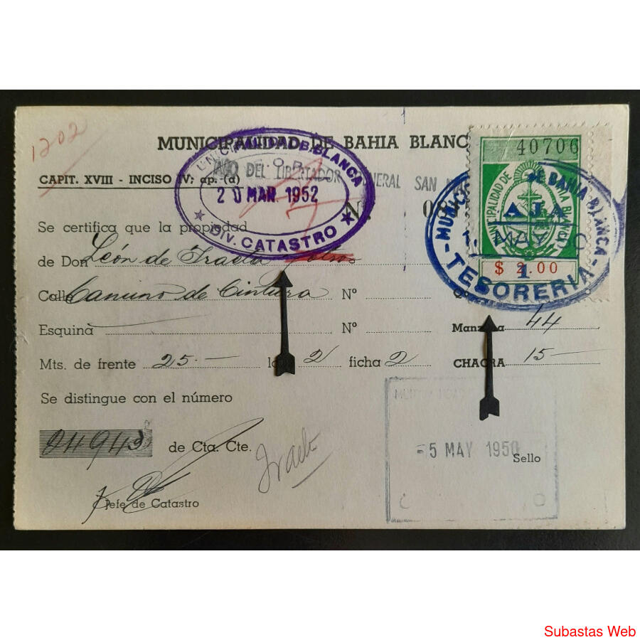 1952 BAHIA BLANCA RECIBO HISTÓRICO DE *LEÓN DE IRAETA* LUJO!