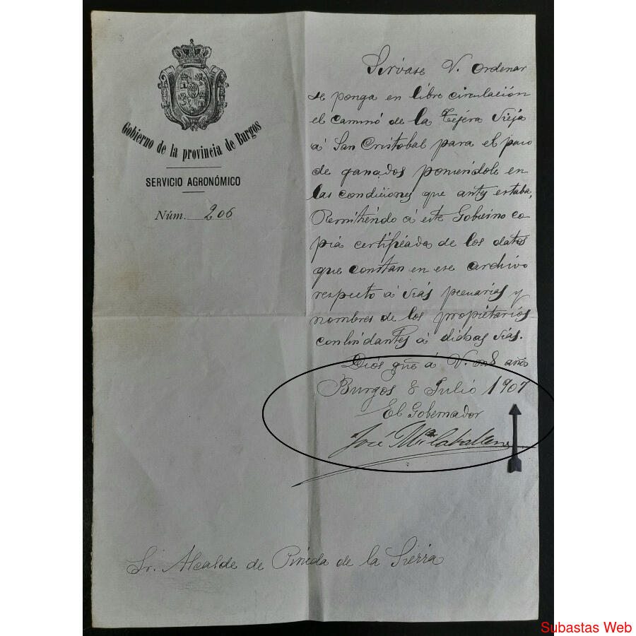 ESPAÑA 1907 ORDEN CON FIRMA ORIGINAL DE GOBERNADOR DE BURGOS