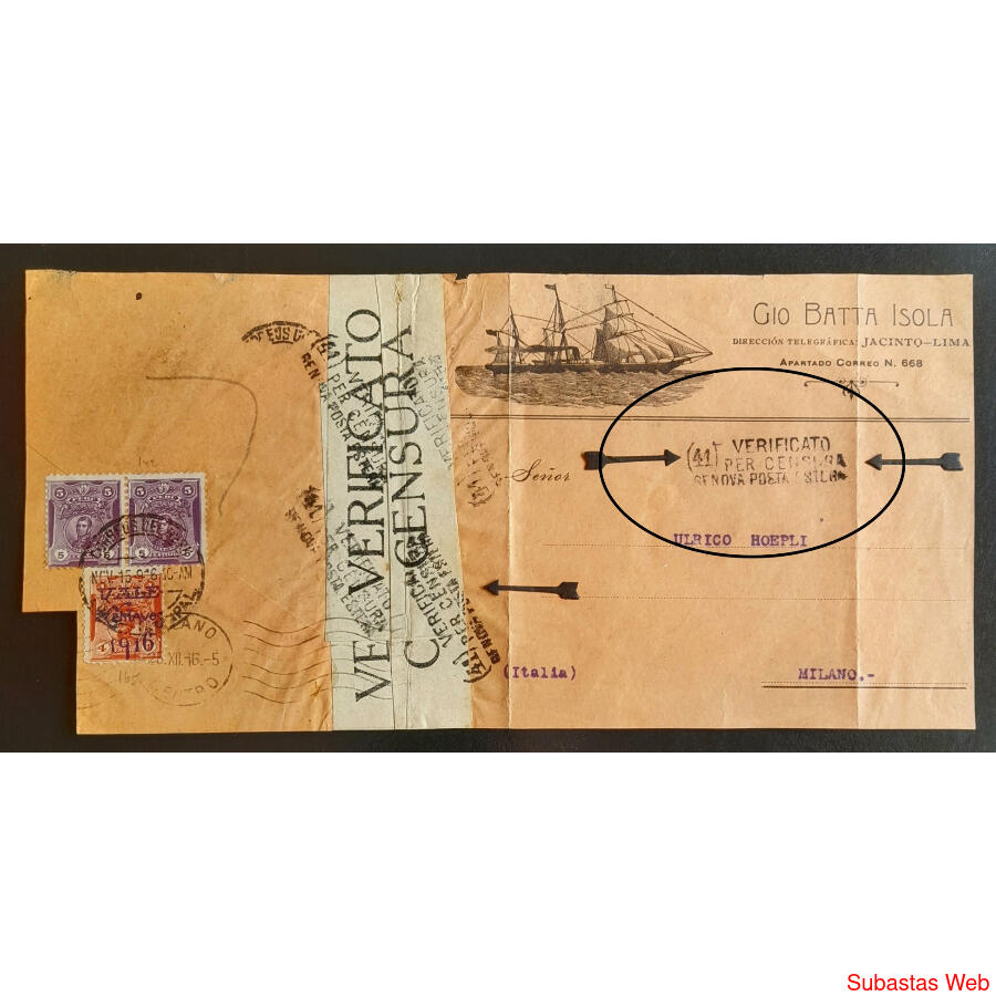 PERÚ. 1916 IMPRESIONANTE FRAG. VERIFICADO CENSURA DE GENOVA