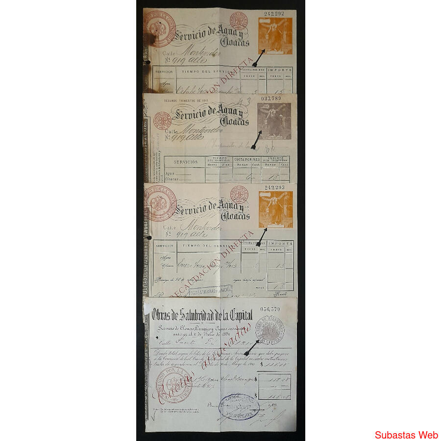 CAP. FEDERAL 1891. 4 ANTIGUOS RECIBOS CON FISCALES IMPRESOS