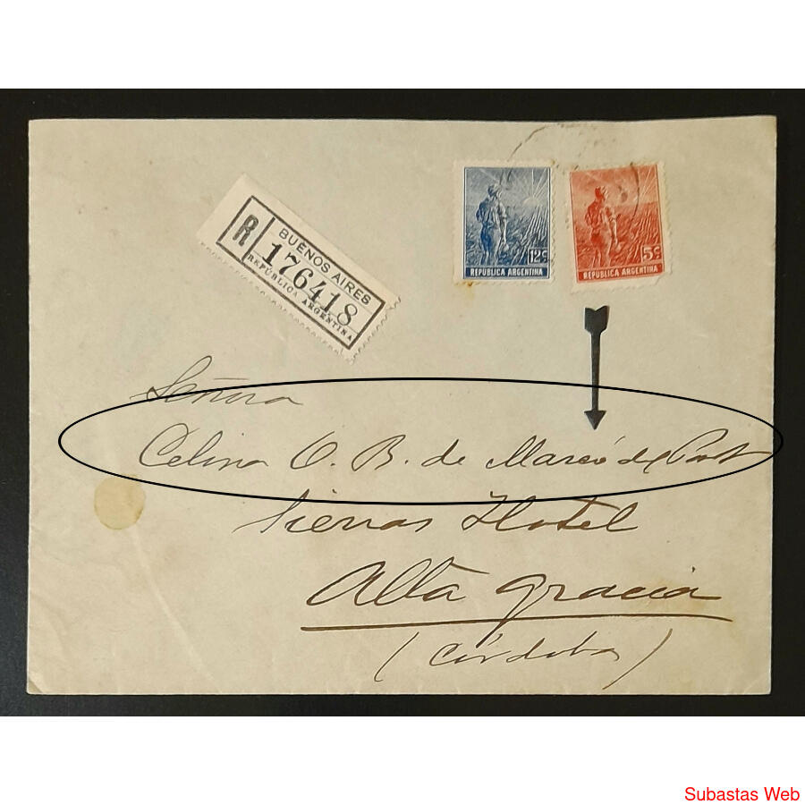 ARGENTINA 1911 SOBRE REGISTRADO A *CELINA DE MARCO DEL PONT*