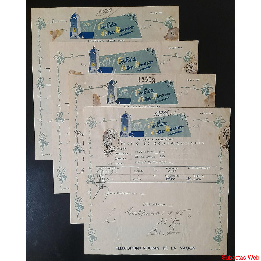 1950  LOTE DE 4 VIEJOS TELEGRAMAS DE LUJO PARA RECIÉN CASADO