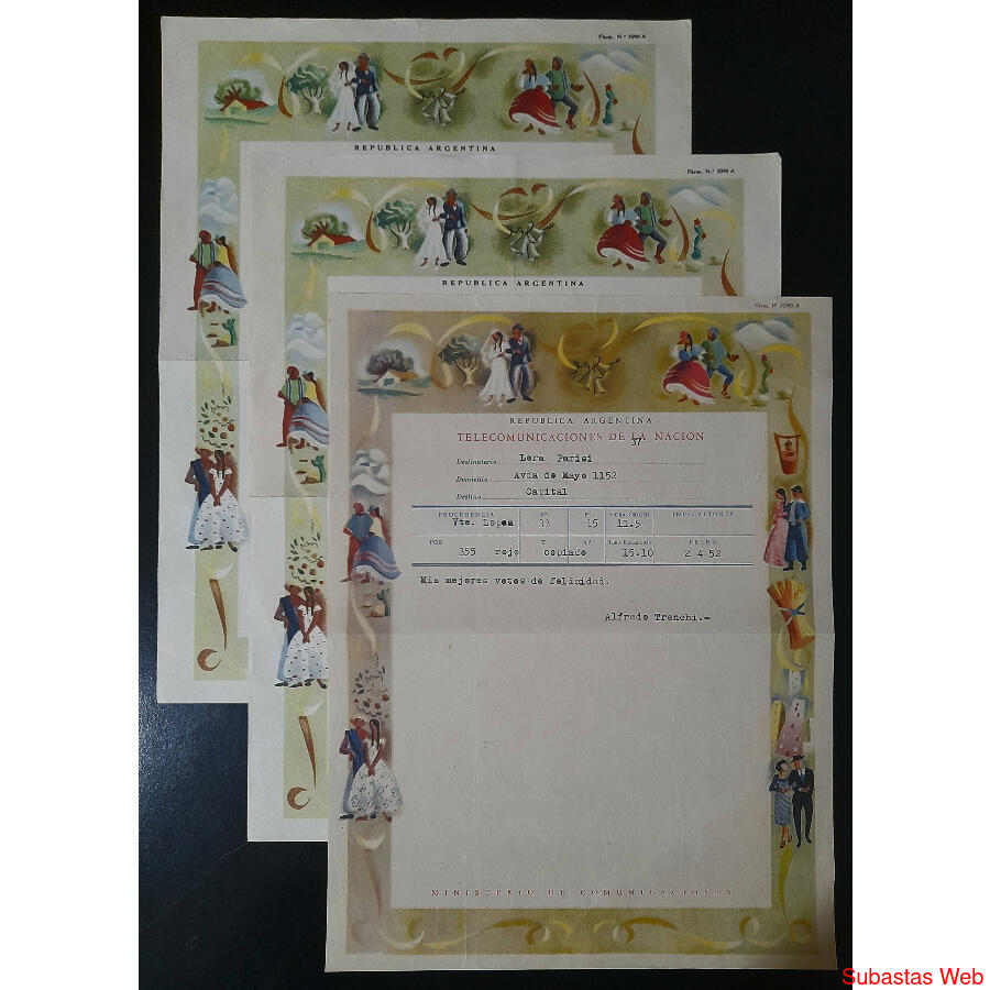 1952 ESPECTACULAR LOTE DE 3 ANTIGUOS TELEGRAMAS DE LUJO @2