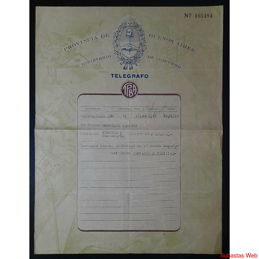 1956 TREMENDO ENVÍO TELEGRÁFICO DE LA Pcia de BUENOS AIRES.