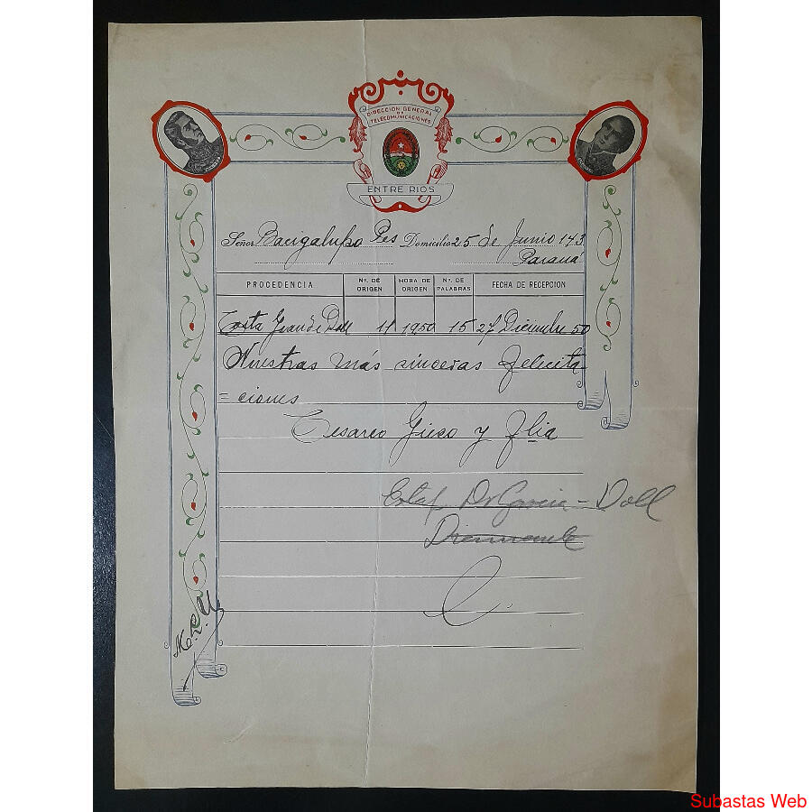 1950 TREMENDO TELEGRAMA ILUSTRADO DE LA Pcia. DE ENTRE RIOS!