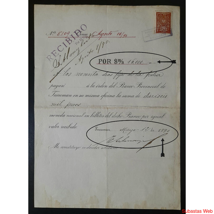 TUCUMÁN 1890.  ANTIGUO E IMPACTANTE PAGARE DE $ M/N.16.000.