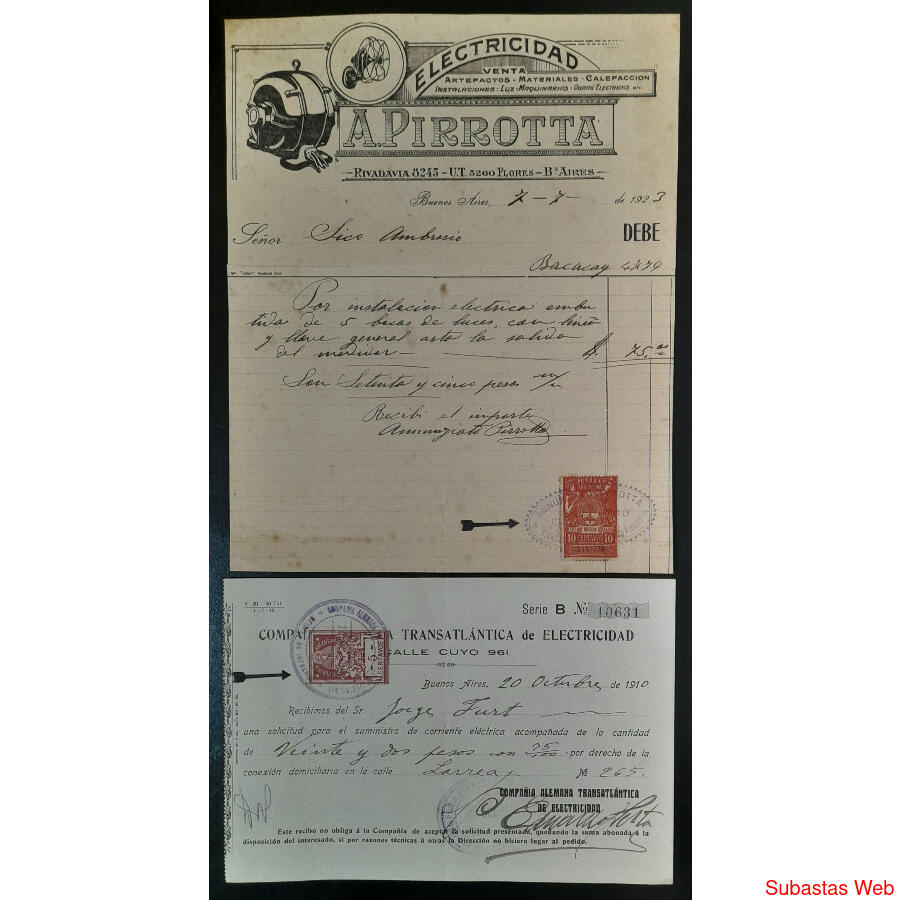 ARGENTINA 1910  ANTIGUAS FACTURAS CON BUENOS SELLOS FISCALES