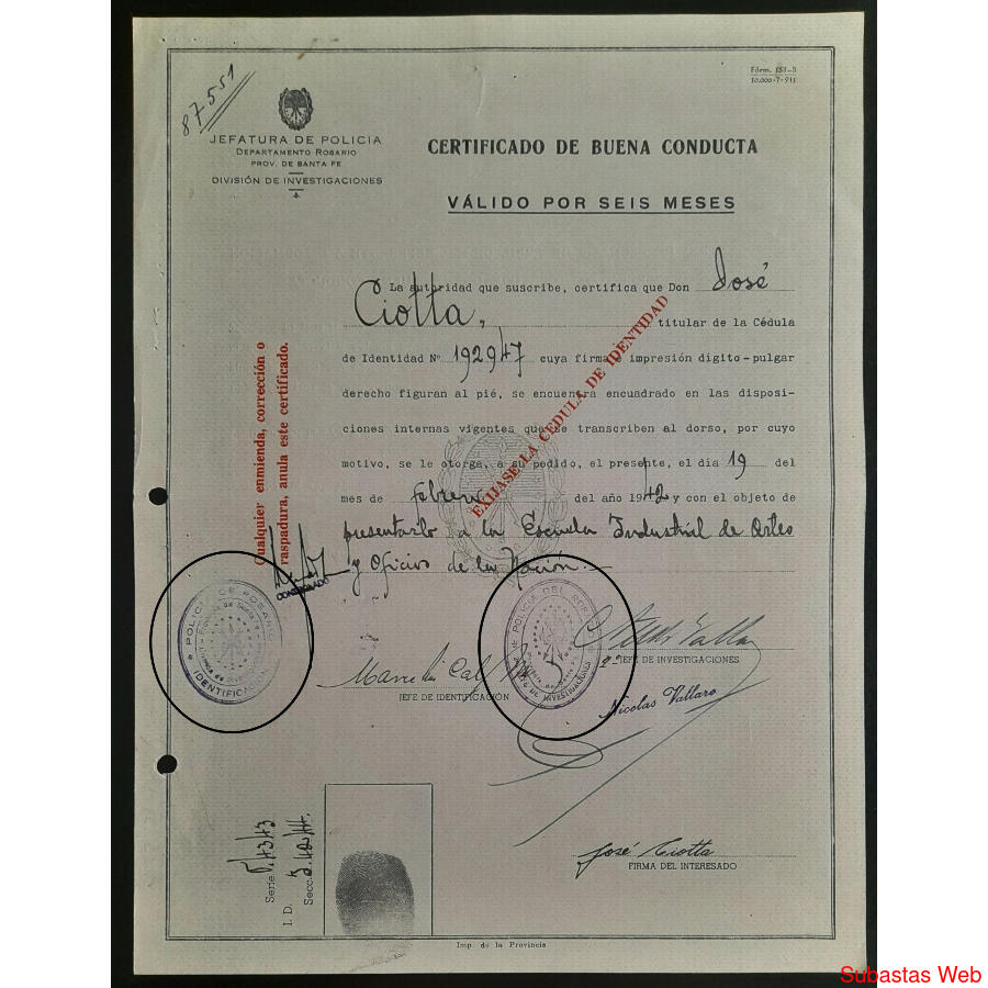 DOS ANTIGUOS CERTIFICADOS DE BUENA CONDUCTA DE ROSARIO