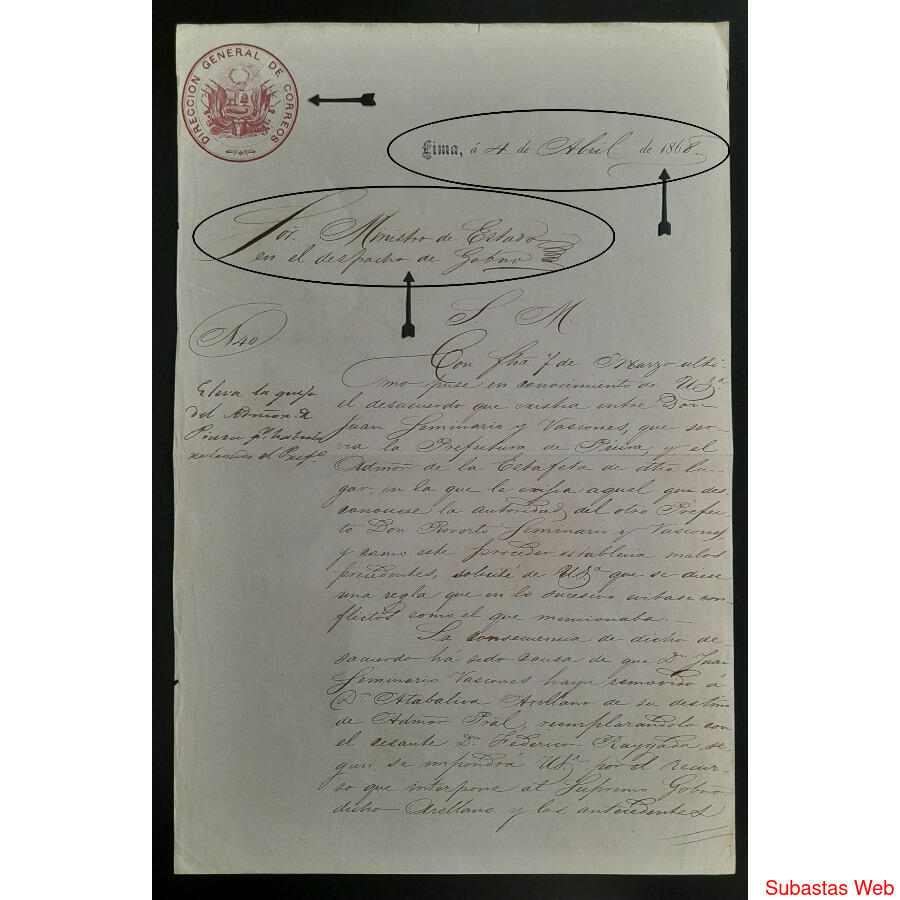PERÚ 1868 IMPACTANTE CARTA OFICIAL POR EL MINISTRO DE ESTADO