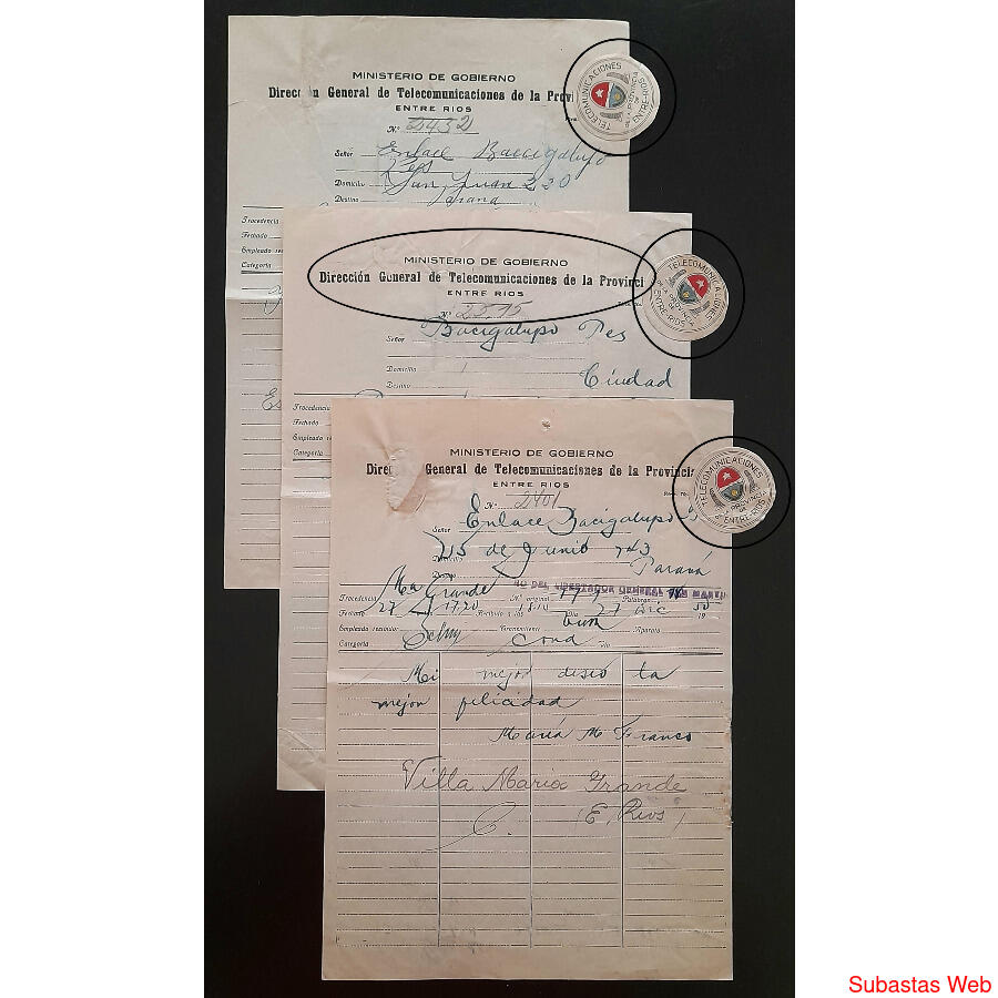 1950 3 ANTIGUOS TELEGRAMAS CON CIERRES DE Pcia de ENTRE RIOS