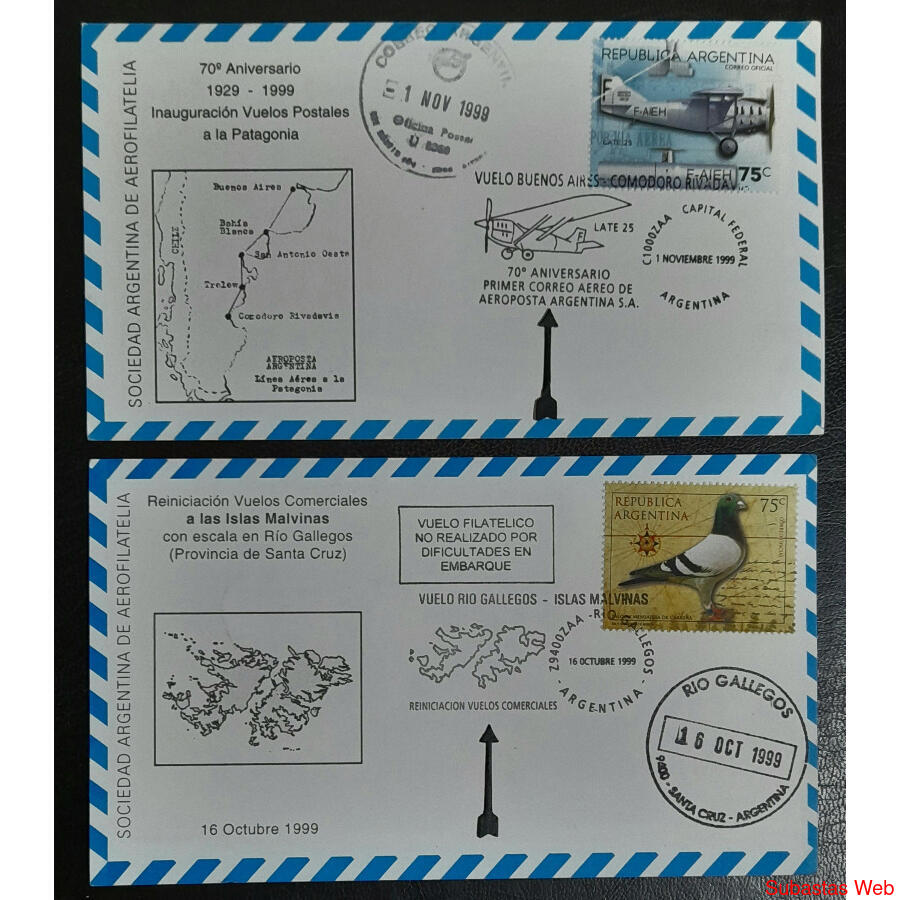 2 TARJETAS CONMEMORATIVAS PRIMEROS VUELOS AL SUR ARGENTINO
