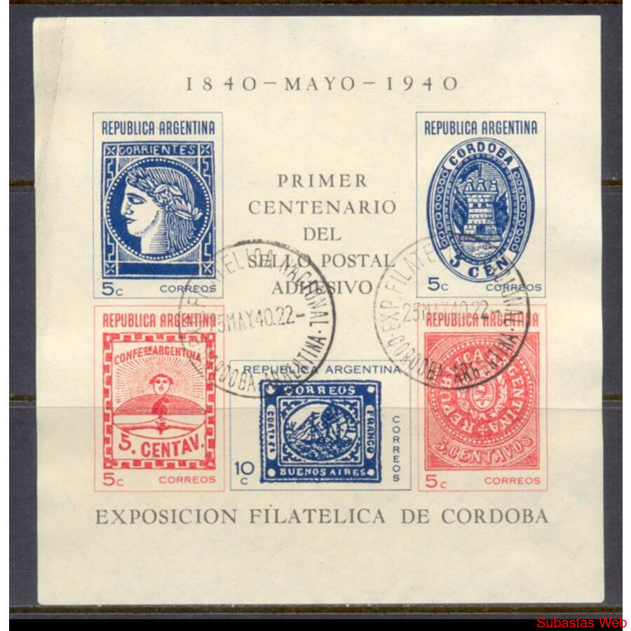 ARGENTINA GJHB8 BLOCK 1° SELLO POSTAL DOBLE MATASELLO EXPO