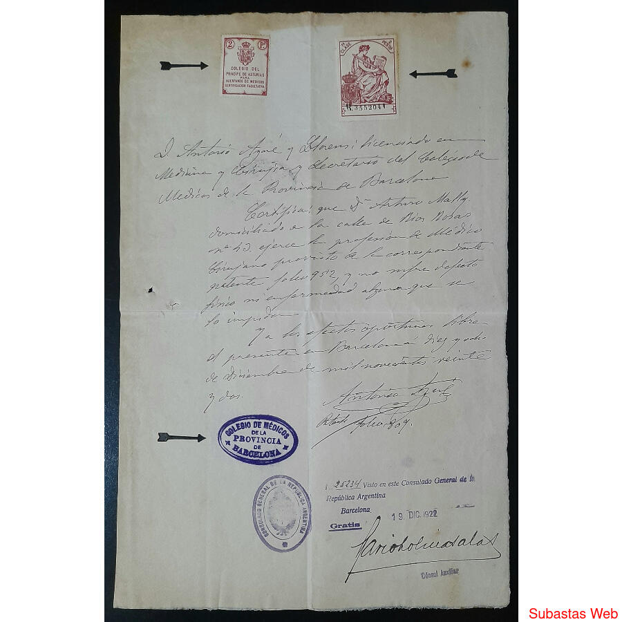 BARCELONA ANTIGUO CERTIFICADO ENVIADO AL CONSULADO ARGENTINO