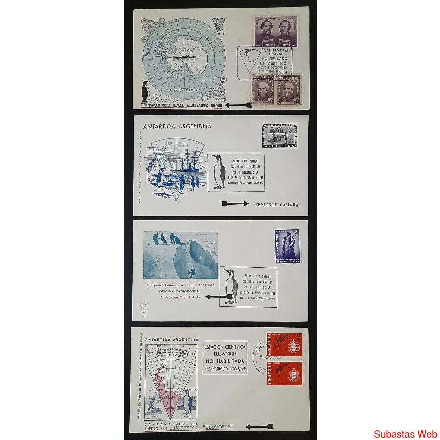 4 ANTIGUOS SOBRES DE VIAJES ANTÁRTICOS TRUNCOS. GOMIGRAFOS!!