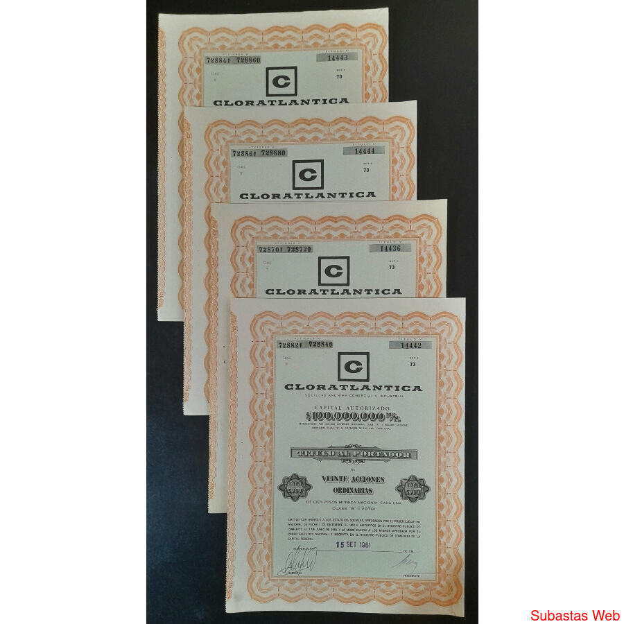 ARGENTINAS 4 ACCIONES AL PORTADOR DE LA FIRMA CLOROATLANTICA