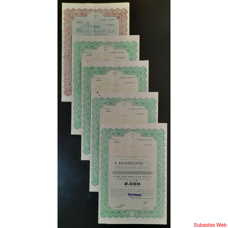 ARGENTINAS 5 ACCIONES AL PORTADOR DE FIRMA EL RINCÓN ACEROS