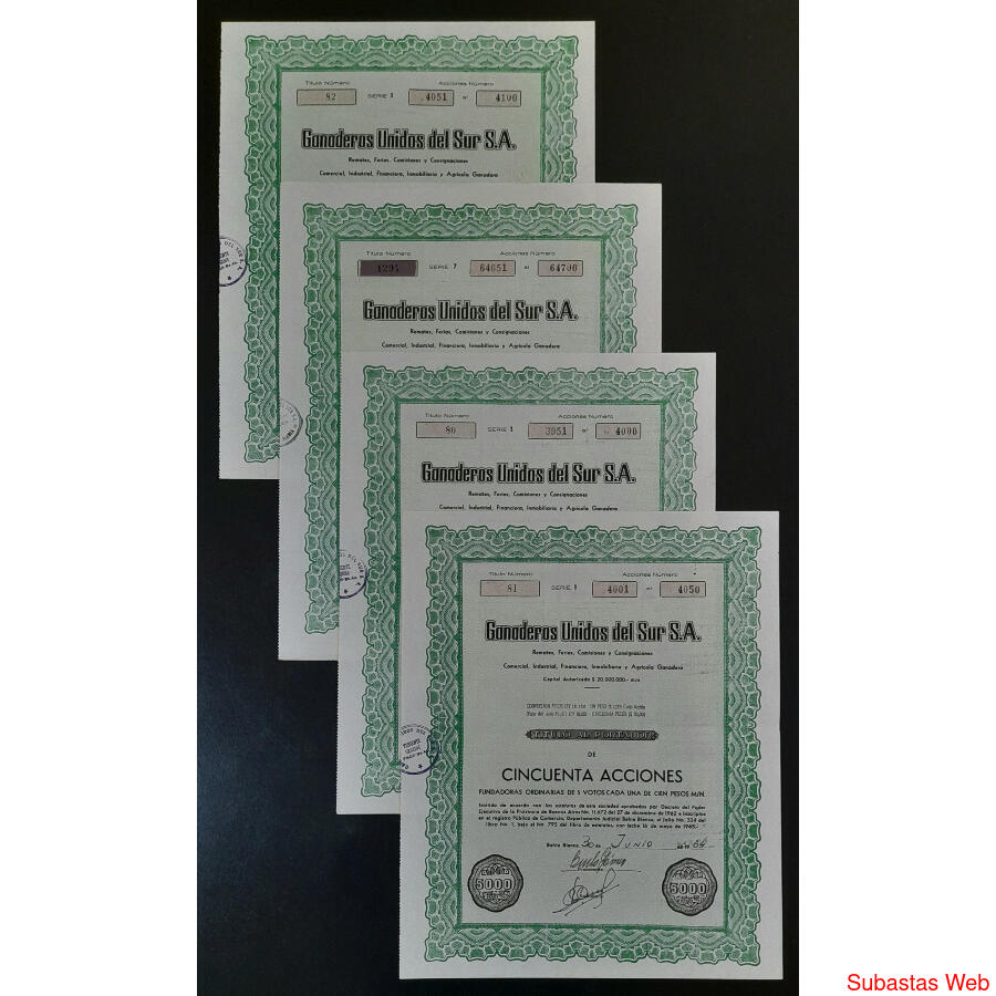 ARGENTINAS 4 ACCIONES AL PORTADOR *GANADEROS UNIDOS DEL SUR*