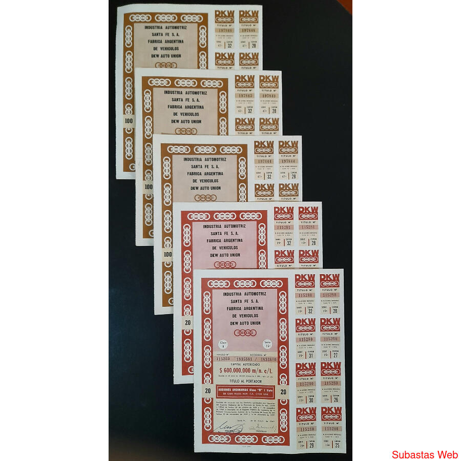ARGENTINAS 5 ACCIONES AL PORTADOR DE AUTO UNIÓN - DKW. LUJO!