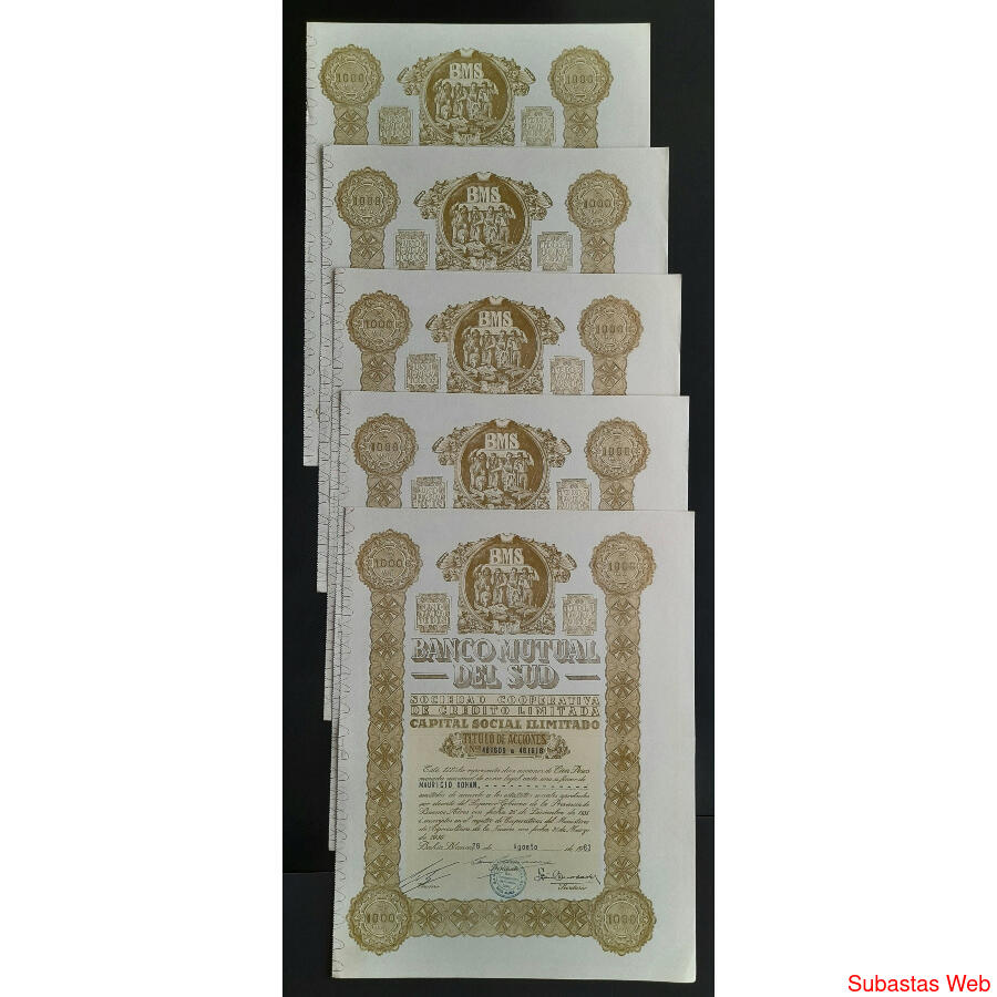 ARGENTINAS 5 ACCIONES AL PORTADOR *BANCO MUTUAL DEL SUD* @2