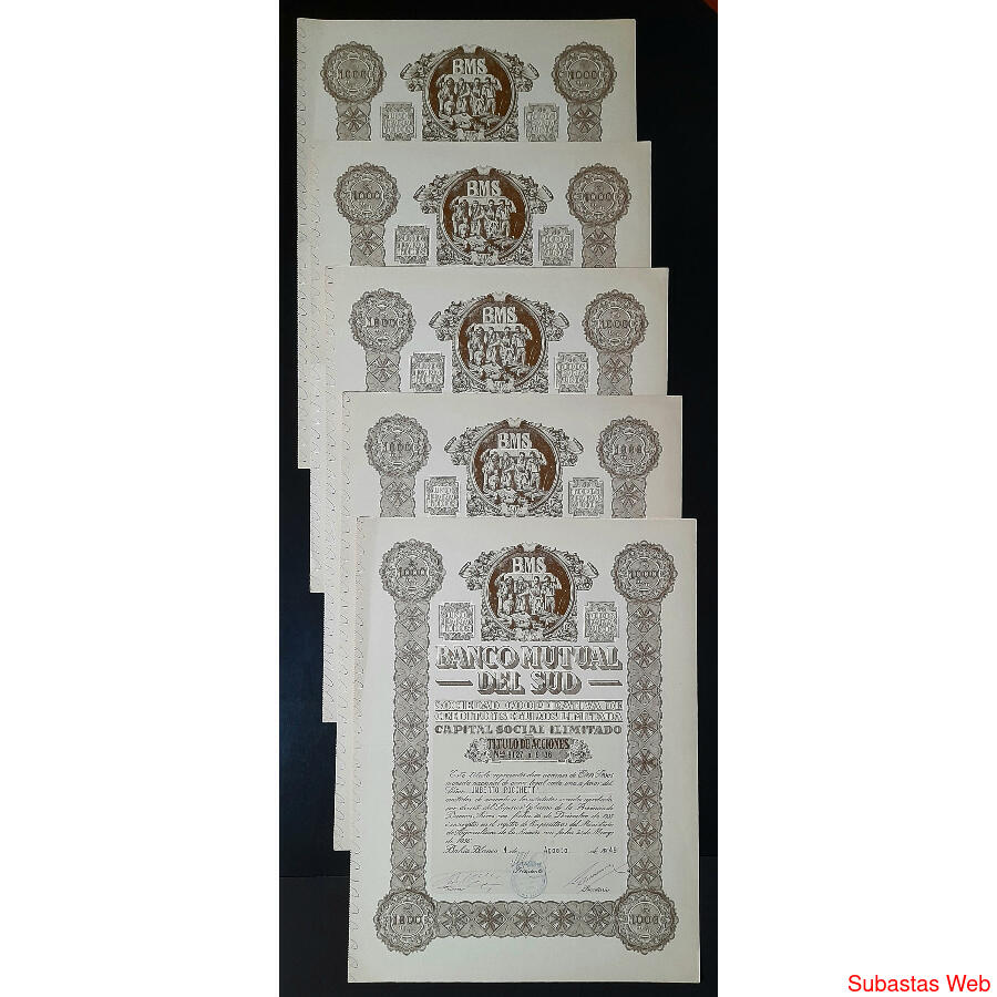 ARGENTINAS 5 ACCIONES AL PORTADOR *BANCO MUTUAL DEL SUD* @3