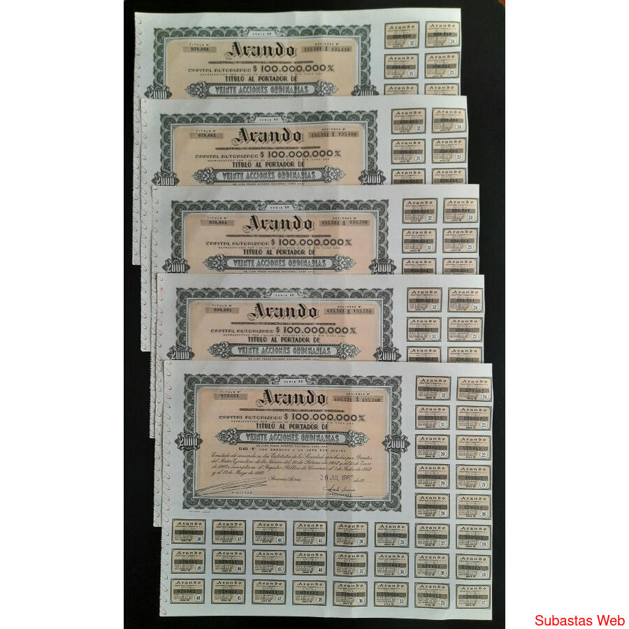 ARGENTINAS 5 ACCIONES AL PORTADOR DE LA FIRMA **ARANDO** @1