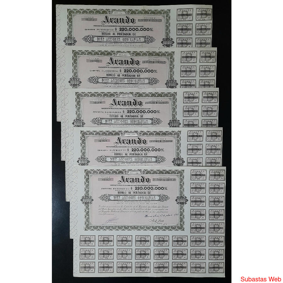 ARGENTINAS 5 ACCIONES AL PORTADOR DE LA FIRMA **ARANDO** @2