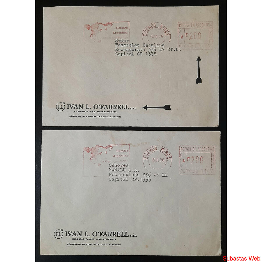 ARGENTINA 1986 - 2 SOBRES IVAN O´FARRELL **PERMISO 1447**