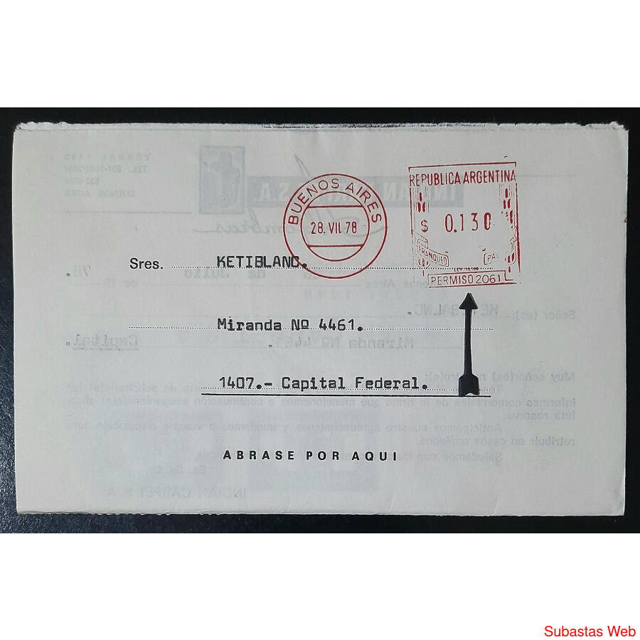 ARGENTINA 1978 SOBRE DE INDIAN CARPET S. A. **PERMISO 2061**